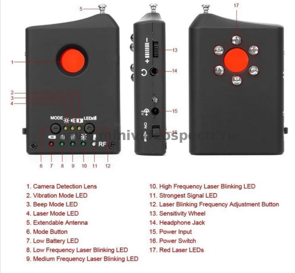 Обнаружитель скрытых камер и жучков (При обнаружении устройств оповещение  световой сигнализацией или вибрацией, Арт. 0679633